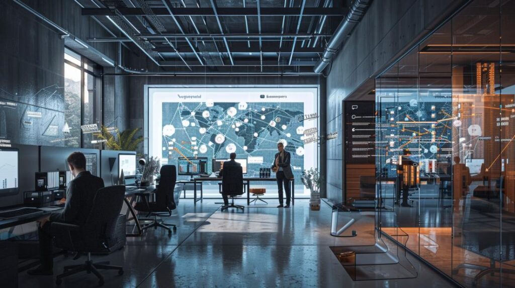 Equipe diversa de cientistas de dados trabalhando em escritório moderno com tecnologia avançada.