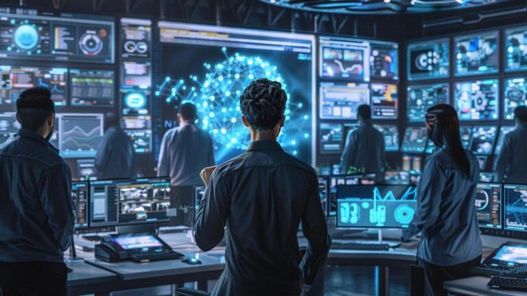 Centro de Operações de Segurança com profissionais analisando ameaças cibernéticas usando aprendizado de máquina.