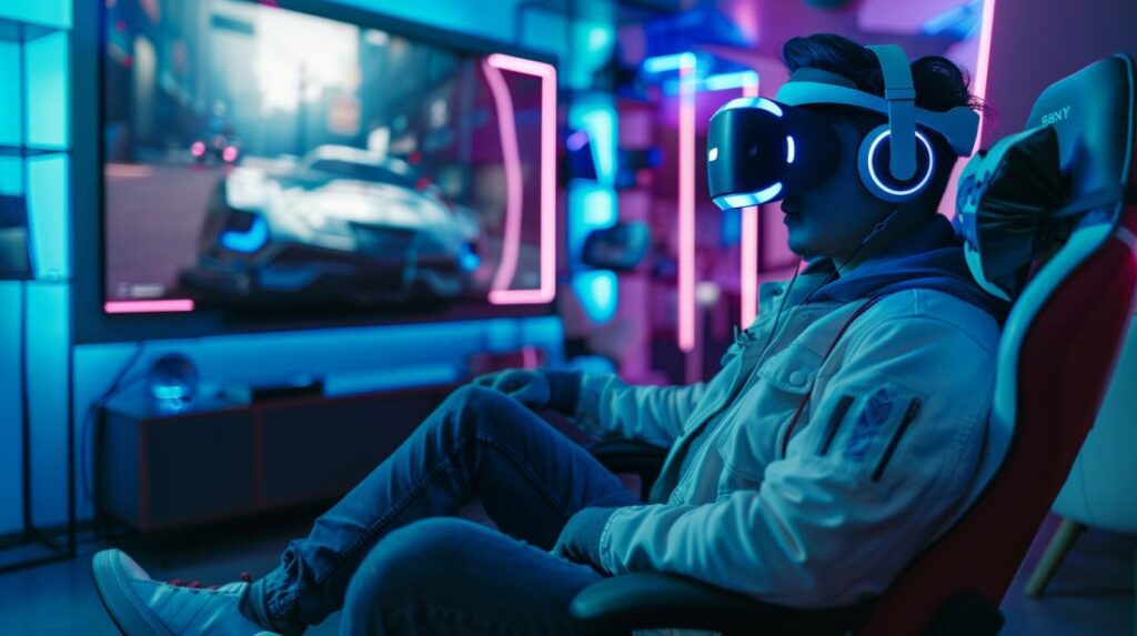 Gamer empolgado com PlayStation 5 VR em um quarto tecnológico com iluminação LED e móveis ergonômicos.