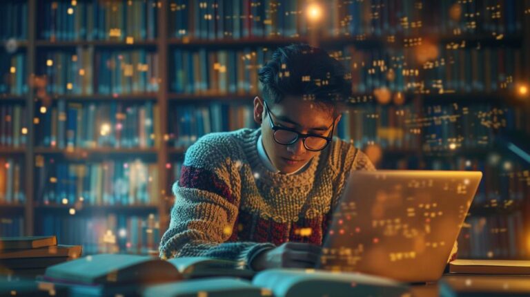 Estudante determinado estudando IA tarde da noite em biblioteca moderna e bem-iluminada.