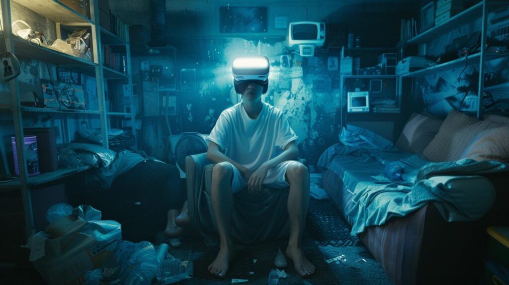 Fotografia hiperrrealista de jovem isolado em quarto escuro, imerso em experiência de realidade virtual.