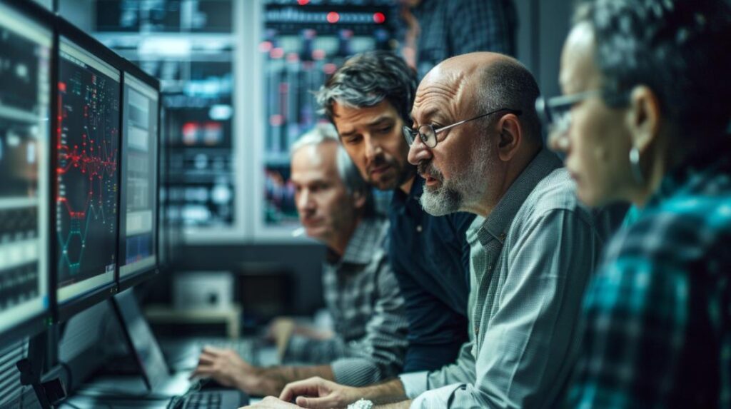 Uma foto hiper-realista de cientistas de dados focados em modelos e problemas complexos de ML.