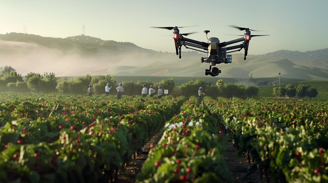 Uma fotografia detalhada de um drone moderno sobre um campo agrícola, destacando inovação em tecnologia.