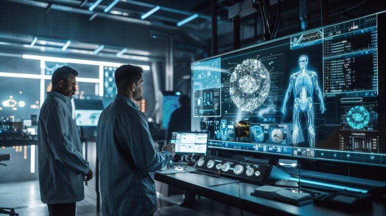 Centro de comando futurista com tecnologia avançada, profissionais colaboram em aplicações inovadoras de inteligência artificial.