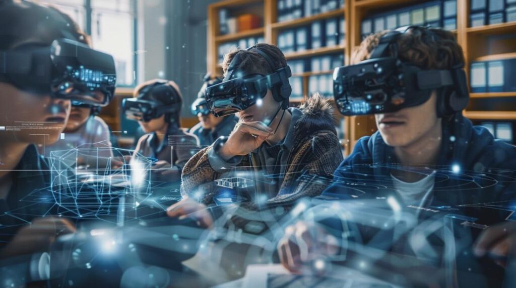 Uma sala de aula moderna onde alunos utilizam tecnologias AR e VR para aprender com imersão total.