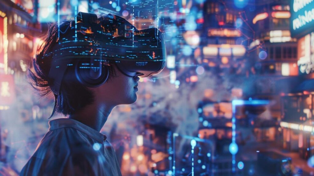 Pessoa usando headset VR avançado, imersa em ambiente digital hiper-realista com paisagens e elementos interativos.