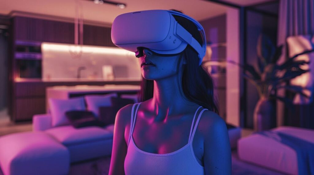 Fotografia hiper-realista de mulher jovem usando realidade virtual em sala futurista detalhada.