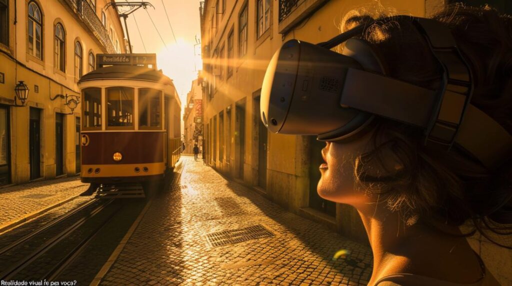 Pessoa imersa em realidade virtual explorando as vibrantes ruas e marcos históricos de Lisboa, Portugal.
