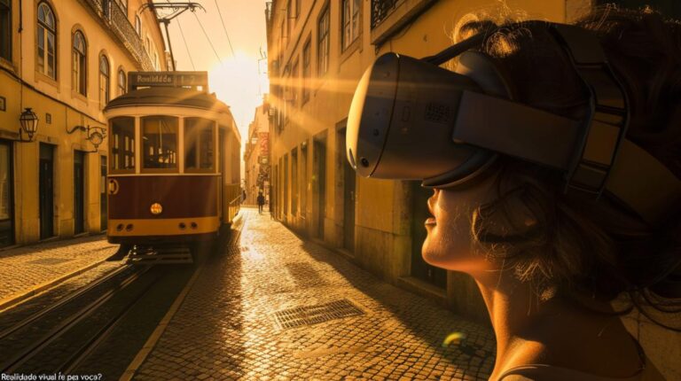 Pessoa imersa em realidade virtual explorando as vibrantes ruas e marcos históricos de Lisboa, Portugal.