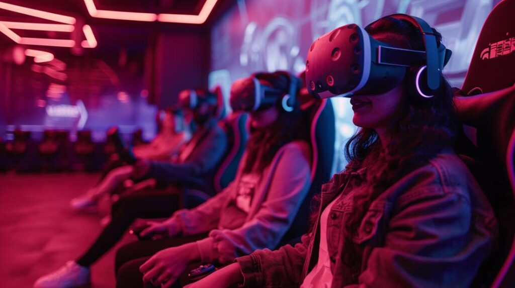 Fotografia hiper-realista de jogadores imersos em jogo de realidade virtual em Porto, Portugal.