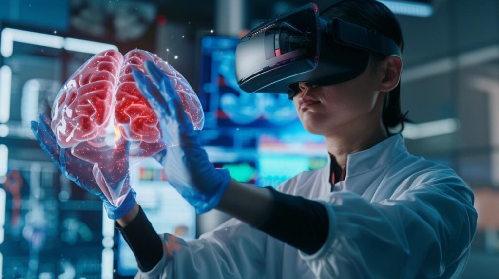 Fotografia hiper-realista de profissional médico usando VR para interagir com modelo 3D de órgão humano.