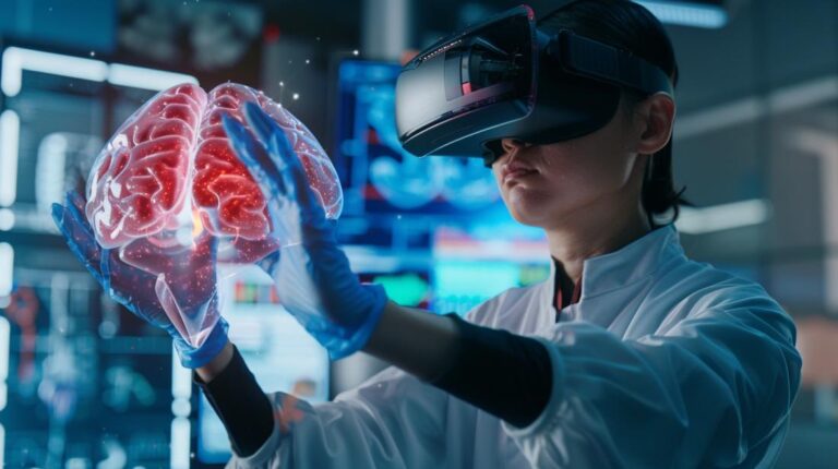 Fotografia hiper-realista de profissional médico usando VR para interagir com modelo 3D de órgão humano.