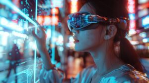 Mulher jovem com óculos de AR interage com holograma, cidade ao fundo com luzes neon.
