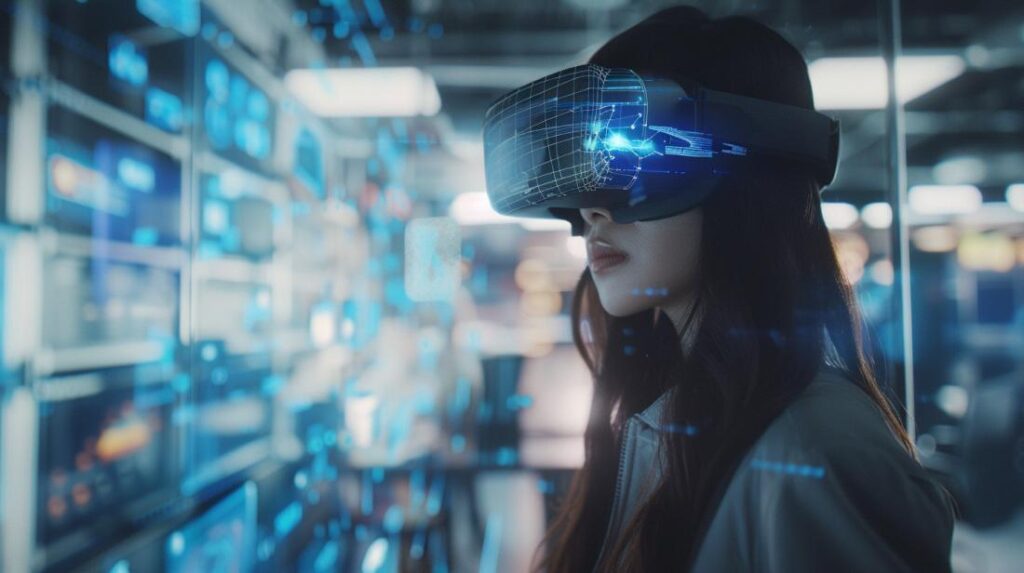 Mulher jovem usando óculos VR em escritório futurista com hologramas e interfaces de realidade aumentada.