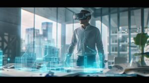 Fotografia hiper-realista de arquiteto usando headset VR em estúdio moderno com hologramas flutuantes.