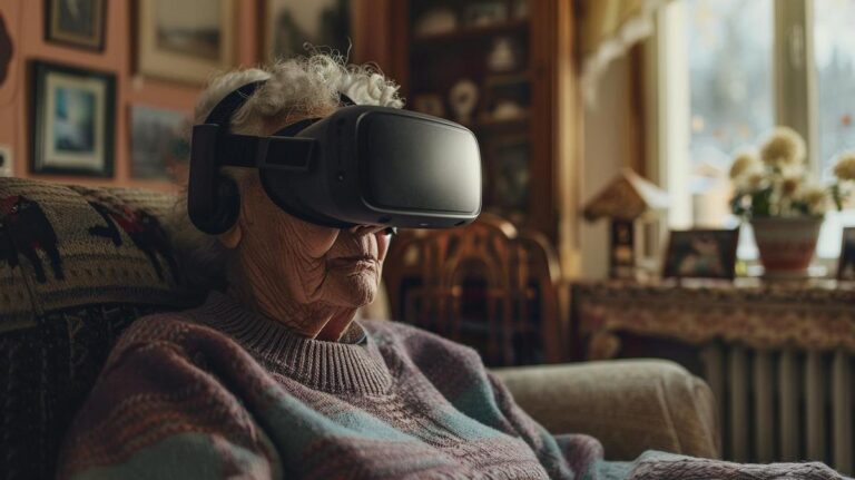 Fotografia de senhora idosa deslumbrada com realidade virtual em sala de estar aconchegante.