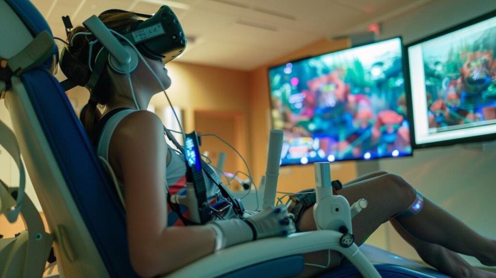 Paciente em centro de reabilitação usando realidade virtual para recuperação física avançada.