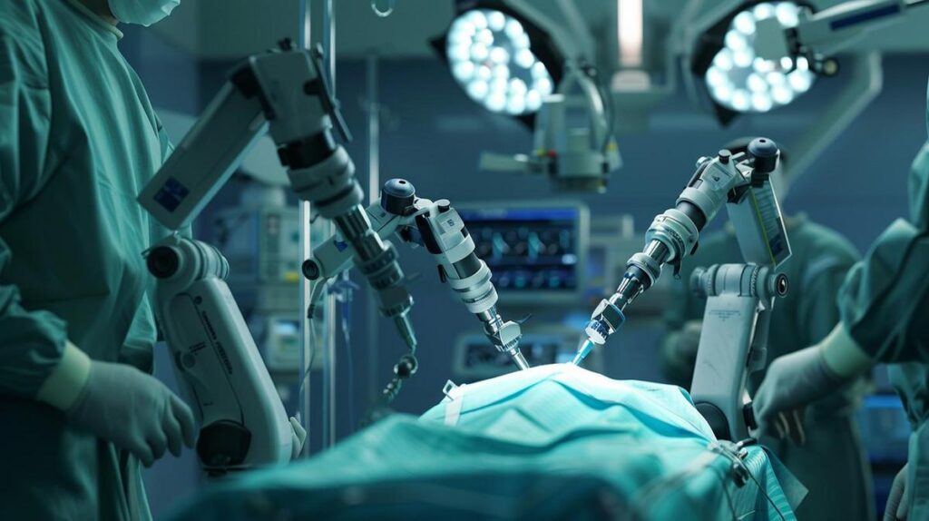 Fotografia hiperrrealista de robótica avançada realizando cirurgia sob supervisão de médico, ambiente estéril.