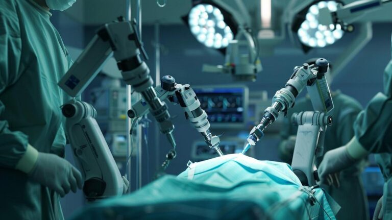 Fotografia hiperrrealista de robótica avançada realizando cirurgia sob supervisão de médico, ambiente estéril.
