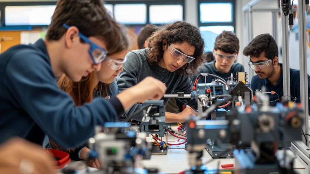 Foto hiper-realista de estudantes montando robô em oficina de robótica moderna em Lisboa.