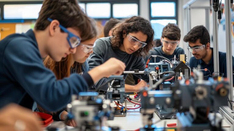 Foto hiper-realista de estudantes montando robô em oficina de robótica moderna em Lisboa.