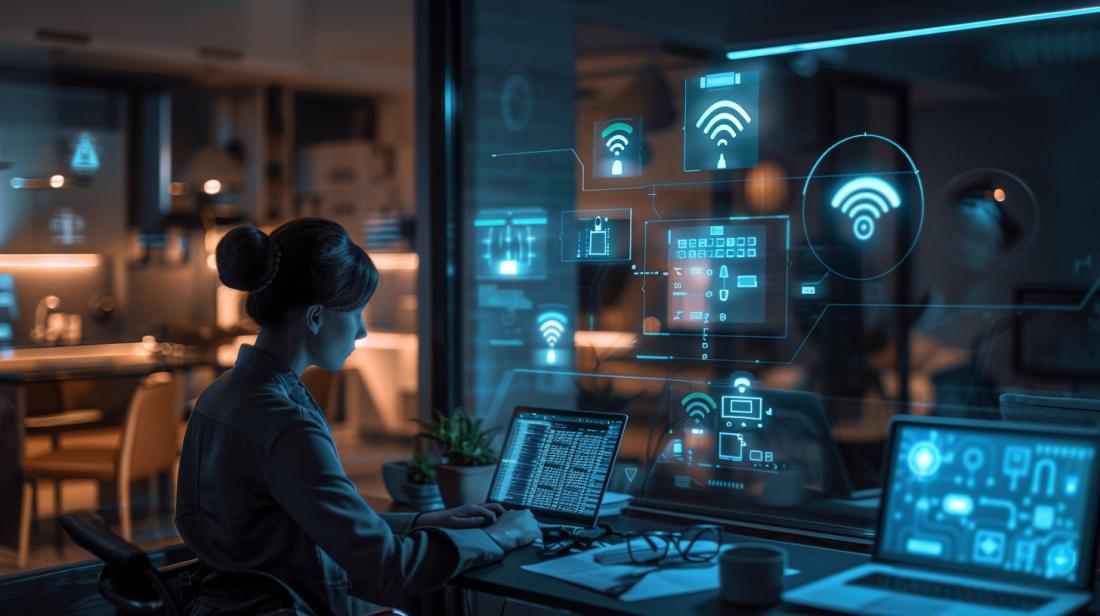 Fotografia hiper-realista de um profissional de TI configurando segurança em dispositivos IoT numa casa inteligente.