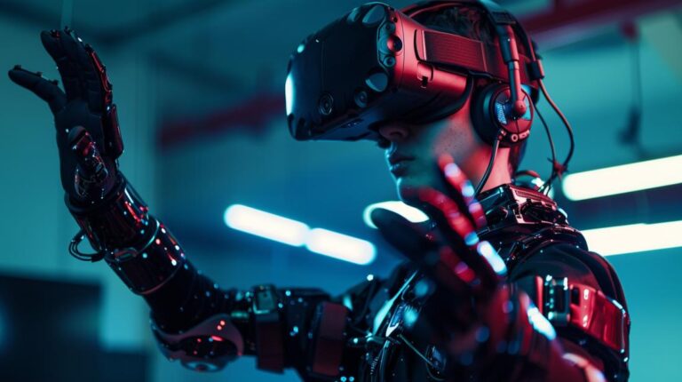 Pessoa usando equipamento de realidade virtual em sala de alta tecnologia com design futurista.