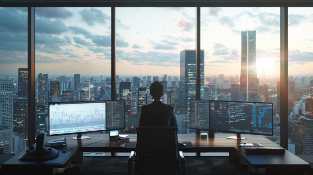Fotografia hiper-realista de executivo usando ferramentas de IA em escritório moderno com vista urbana.
