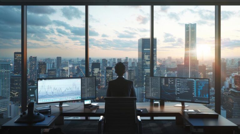 Fotografia hiper-realista de executivo usando ferramentas de IA em escritório moderno com vista urbana.