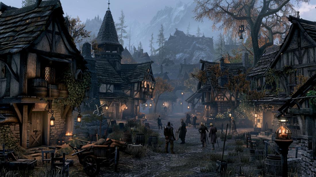 Fotografia hiper-realista de vila medieval em Skyrim ao entardecer, detalhando NPCs melhorados por IA.