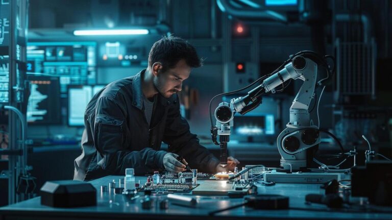 Técnico de robótica trabalhando meticulosamente em braço robótico em laboratório avançado, iluminação suave de LEDs.