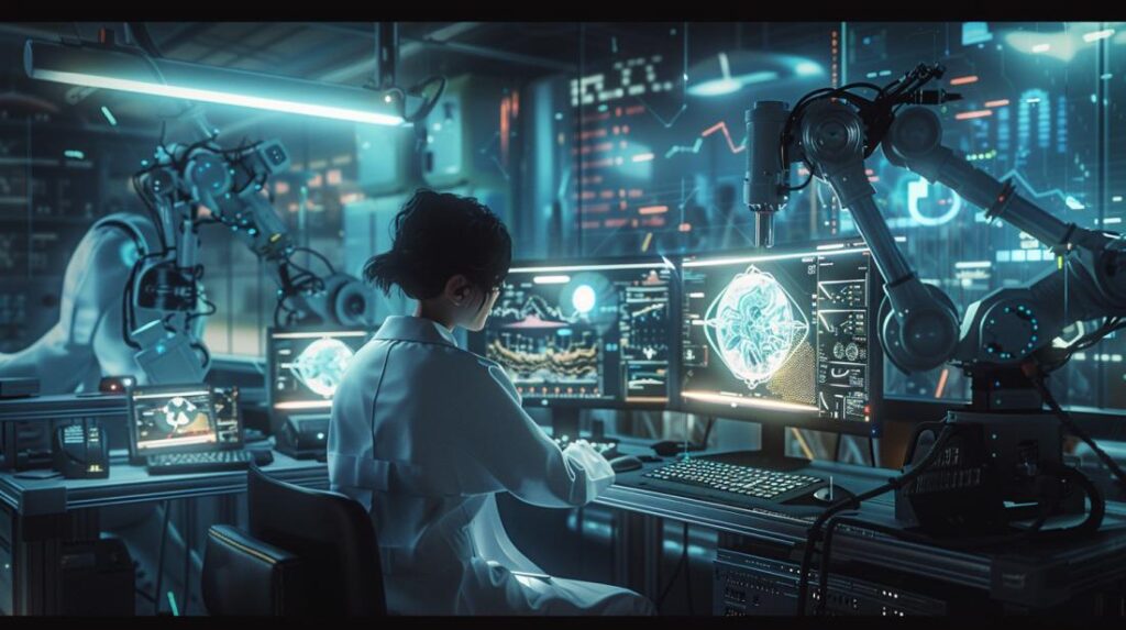 Pesquisador dedicado em laboratório de IA de ponta, rodeado por monitores com redes neurais complexas.