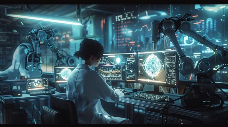 Pesquisador dedicado em laboratório de IA de ponta, rodeado por monitores com redes neurais complexas.