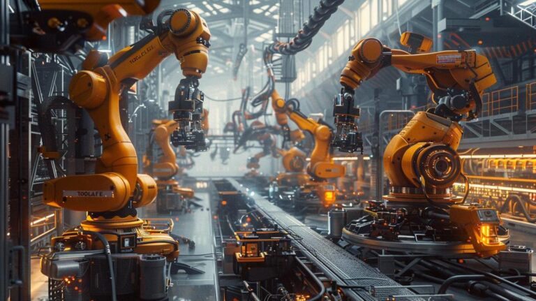 Linha de montagem robótica avançada, mostrando precisão e engenheiros dedicados, destacando sistemas da Tojaltec.