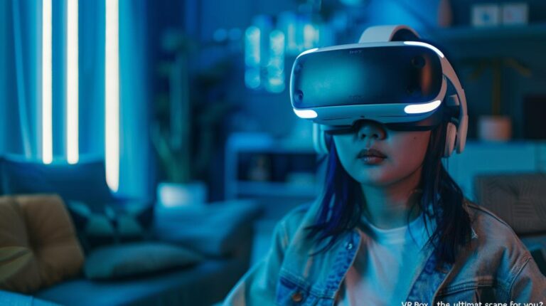 Jovem usando headset VR Box em sala moderna, capturado com câmera Sony A7R IV.