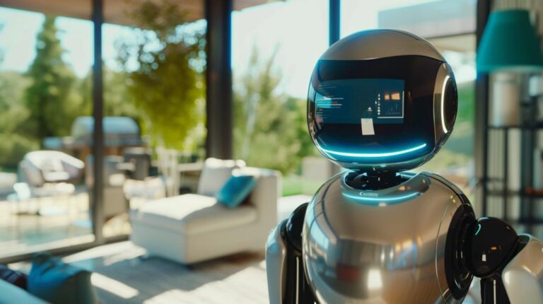 Foto hiper-realista de um robô assistente controlado por voz, integrado em um ambiente doméstico moderno.