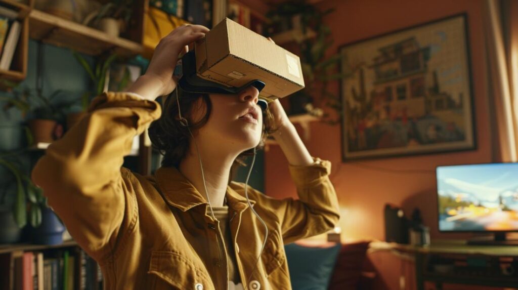 Jovem explorando paisagem virtual com headset VR de papelão em quarto acolhedor e tecnológico.